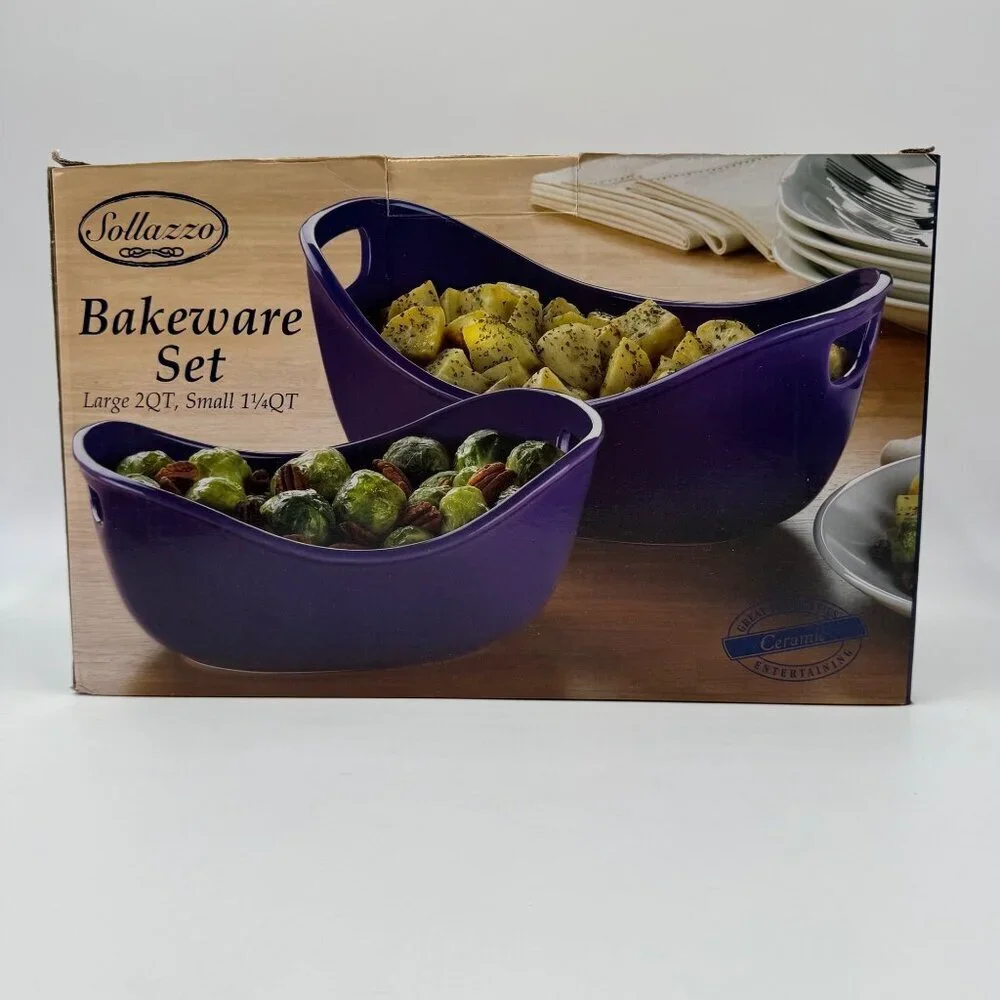 Sollazzo Ceramic Bakeware Two-Piece Set Large 2qt & Small 1.25qt Purple NEW/SEAL